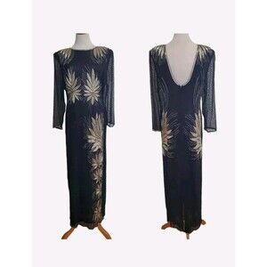 Vintage 100% Silk Gown Dress Size L Black with Gold Beads Gown Handmade